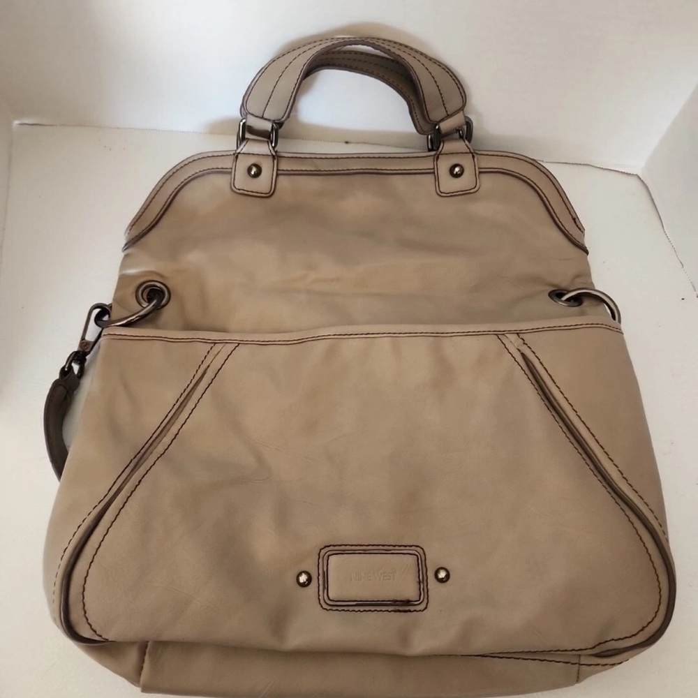 Vintage Nine West Taupe Fold Over Convertible Leather Tote Satchel - Picture 12 of 13